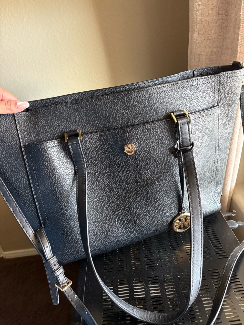 Michael Kors Navy Pebbled Leather Tote with Gold Hardware